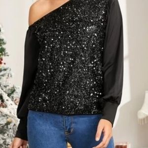 Long Sleeve Sequin Black Blouse